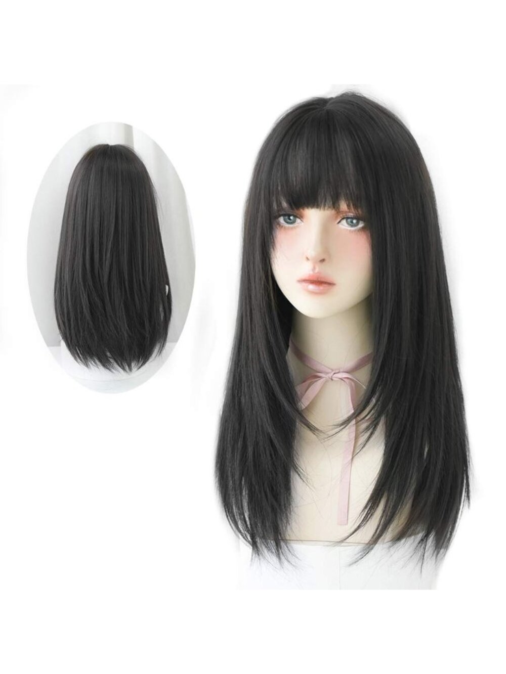 Women's Black Heat Resistant Synthetic High Density Straight Wigs Bangs